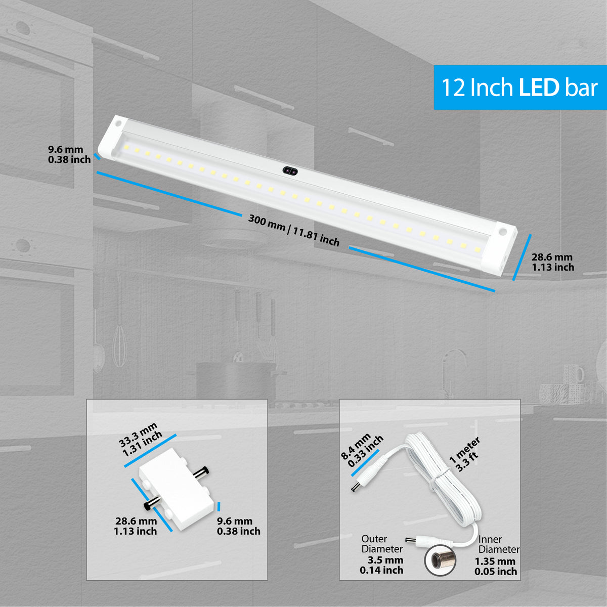 White Finish 12 inch with IR Sensor LED Dimmable Bar (No Power Sup –  EShine
